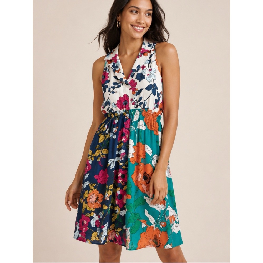 Anthropologie Dinah Collared Halter Mixed Floral Patchwork Tunic Dress Sz 4 Boho
